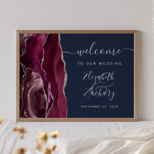 Affiche Agate Burgundy Silver Marine Blue Mariage Bienvenu