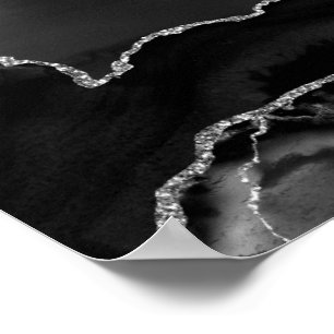 Affiche Agate Marbrée Noir Faux Élégant Paillettes Argenté