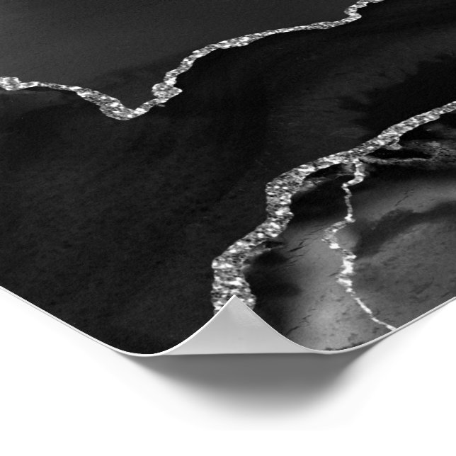 Affiche Agate Marbrée Noir Faux Élégant Paillettes Argenté (Coin)