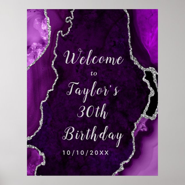 Affiche Agate mauve et argent Accueil d'anniversaire (Devant)