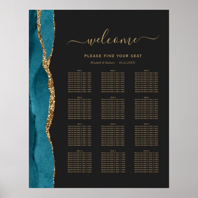 Affiche Agate Or Sarcelle Foncé 12-Tables de Mariage Assis (Devant)