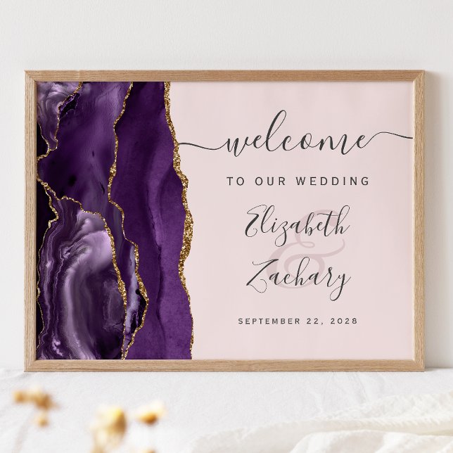 Affiche Agate Purple Gold Script Blush Mariage Bienvenue (Créateur téléchargé)