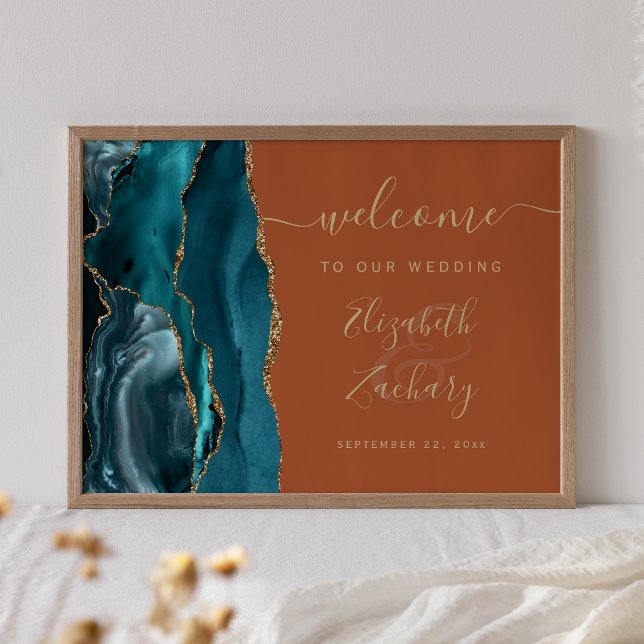 Affiche Agate Sarcelle Or Doré Orange Brûlé Mariage Bienve (Créateur téléchargé)