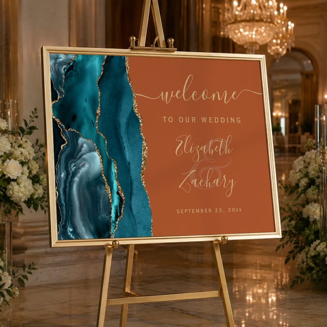 Affiche Agate Sarcelle Or Doré Orange Brûlé Mariage Bienve (Créateur téléchargé)