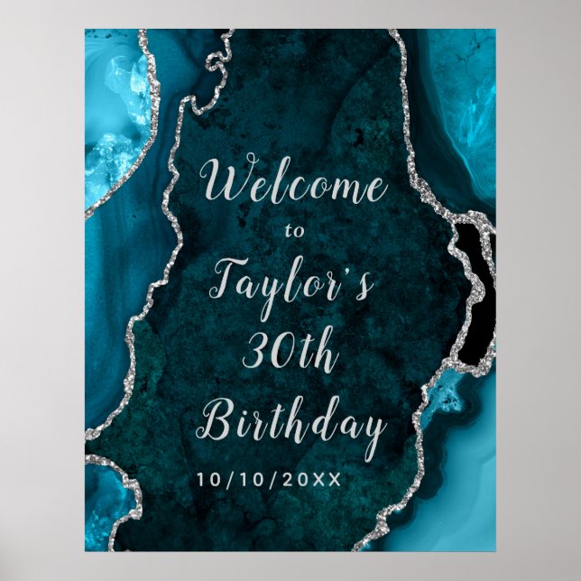 Affiche Agate turquoise et Argent Accueil d'anniversaire (Devant)