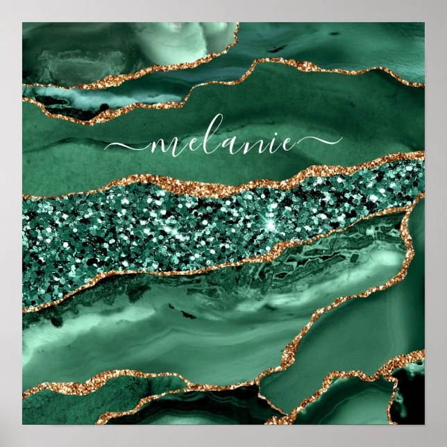 Affiche Agate Vert Or Pailleté Geode Marbre Nom Personnali (Devant)