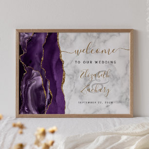 Affiche Agate violet or marbre Mariage Bienvenue