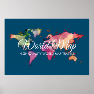 Affiche Agence de voyages bleue Carte du monde aquarelle c