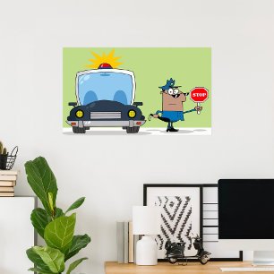 Affiche Agent de police de dessin animé tenant un panneau 
