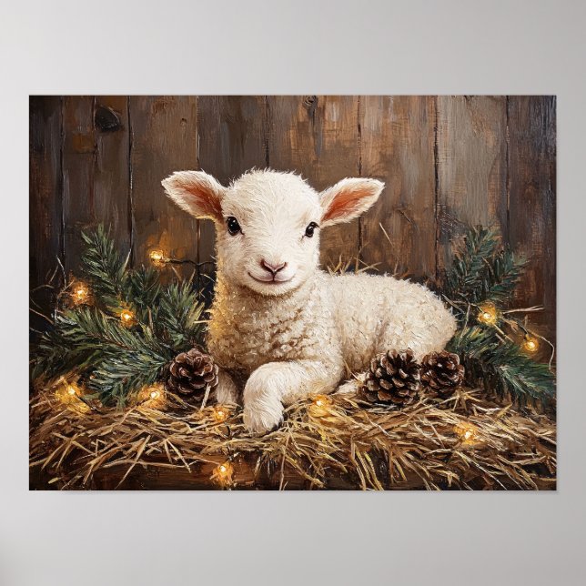 Affiche Agneau de Noël mignon peinture rustique (Devant)