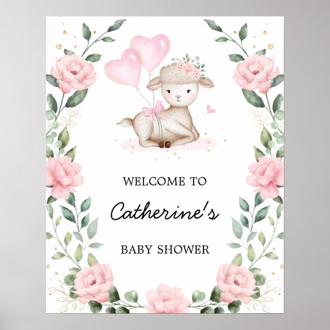 Affiche Agneau rose floral Baby shower de Pâques Bienvenue (Devant)
