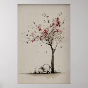 Affiche Agneau un arbre en fleurs Imprimable Art, Minimali