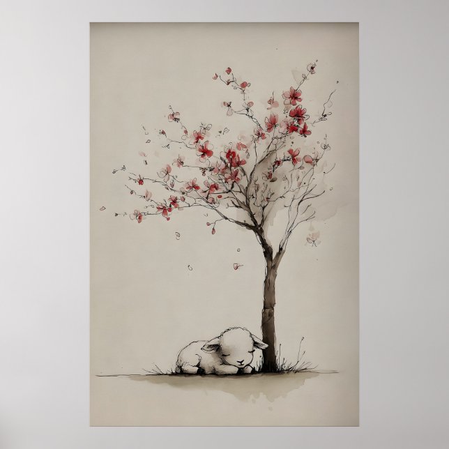 Affiche Agneau un arbre en fleurs Imprimable Art, Minimali (Devant)