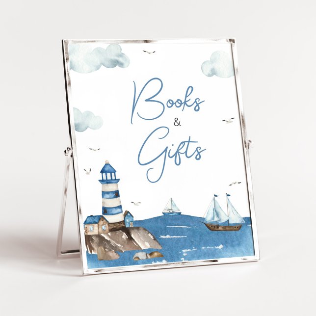 Affiche Ahoy It’s A Boy Livres et cadeaux nautiques (Blue Boy Baby Shower Books and Gifts Sign)