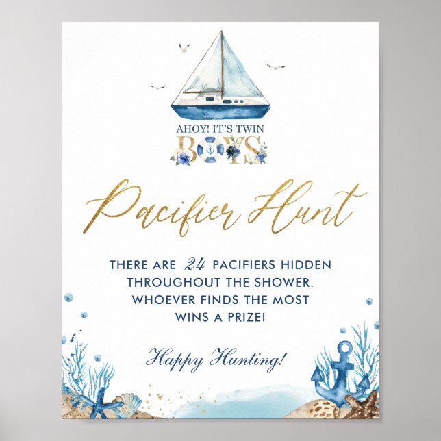 Affiche Ahoy Twin Boys Baby shower nautique chasse pacifiq (Devant)