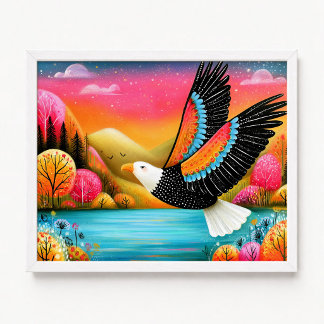 Affiche Aigle chauve volant peinture florale rose orange