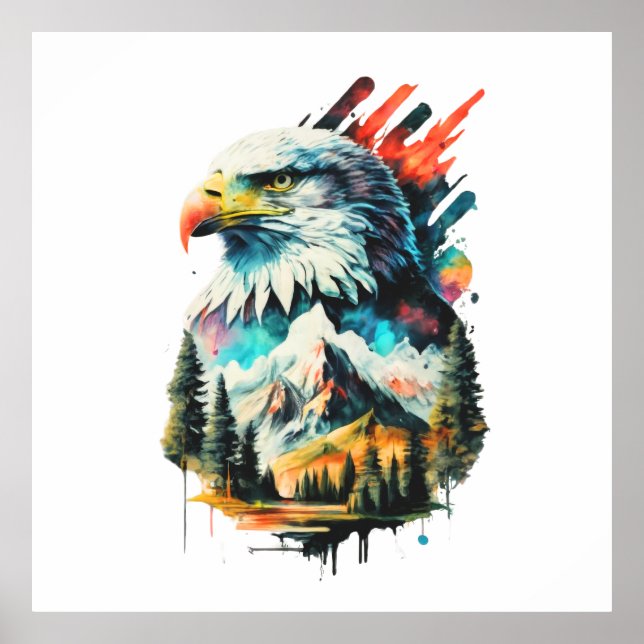 Affiche Aigle d'aquarelle et paysage de montagne Art (Devant)
