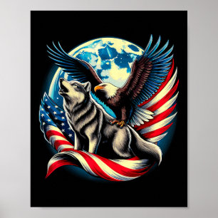 Affiche Aigle Ld Américain Et Loup Drapeau Usa 4 Juillet