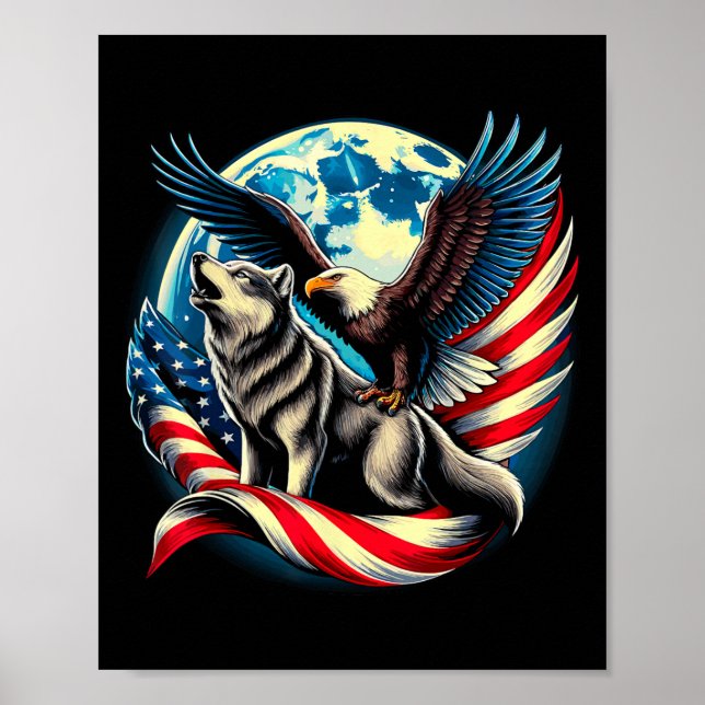 Affiche Aigle Ld Américain Et Loup Drapeau Usa 4 Juillet  (Devant)