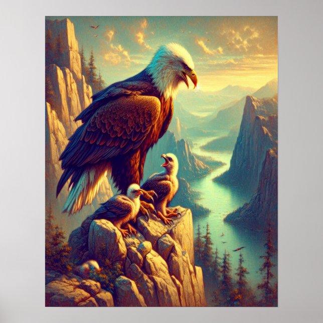 Affiche Aigle perché sur le rocher avec ses bébés 16x20 (Devant)