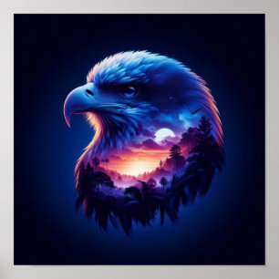 Affiche Aigle superposé à un paysage mystique de coucher d