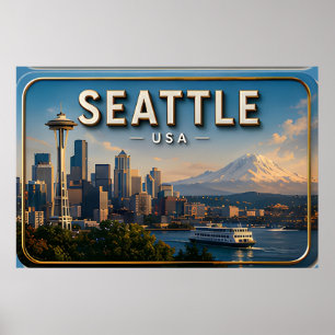 Affiche Aiguille de l'espace de Seattle et mont Rainier 