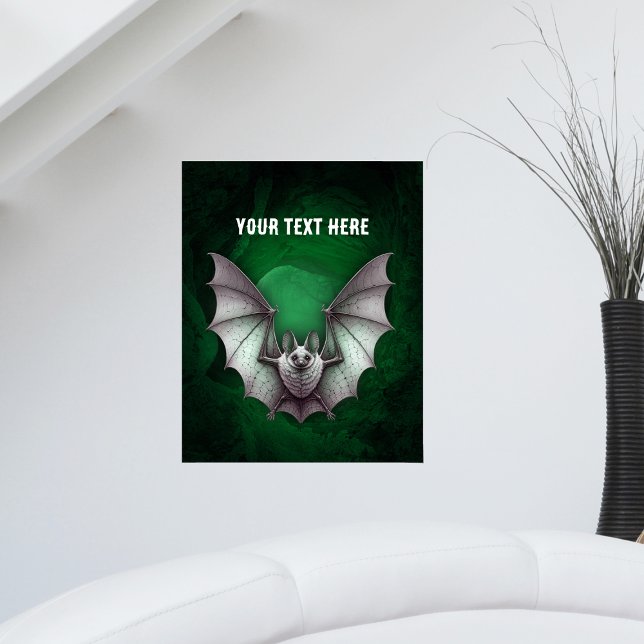 Affiche Ailes grises de chauve-souris déployées dans une g (Eerie flying grey bat glowing green black caves with trees on artwork poster.)