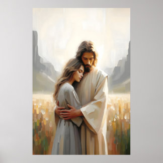 Affiche Aimé par Lui Jésus Embrassant Femme Guérison Étrei