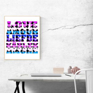 Affiche Aimez de nombreuses langues Cœurs Rose Violet Bleu