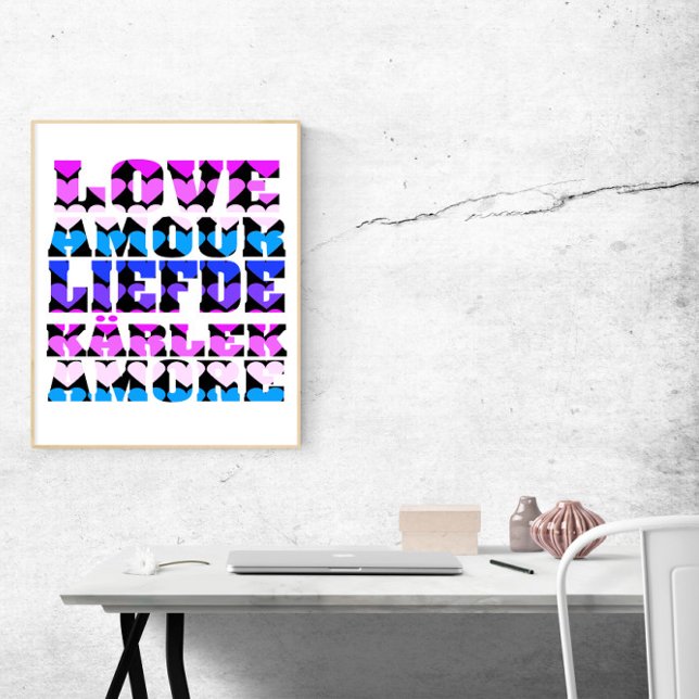 Affiche Aimez de nombreuses langues Cœurs Rose Violet Bleu (A poster that says love in French, English, Dutch and more!)