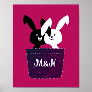 Affiche Aimez les lapins noirs et blancs sur fond magenta