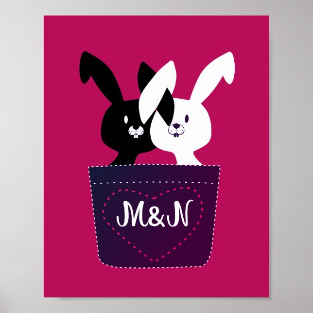 Affiche Aimez les lapins noirs et blancs sur fond magenta  (Devant)