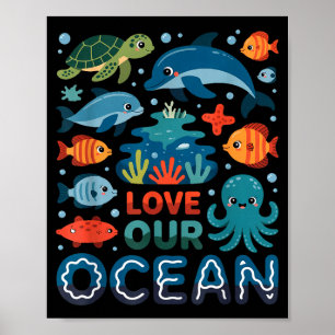Affiche Aimez notre océan - animaux marins vie marine 