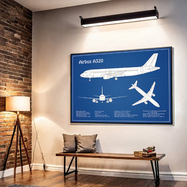 Affiche Airbus A320 - Dessins de plans de l'avion ABD (Airbus A320 - Airplane Blueprint Drawing Plans ABD. Poster)