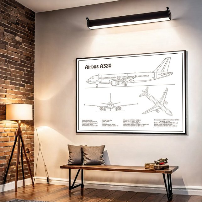 Affiche Airbus A320 - Plans de dessin de plan d'avion BD (Airbus A320 - Airplane Blueprint Drawing Plans BD. Poster)