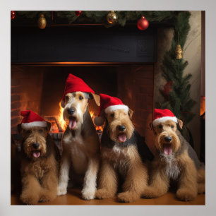 Affiche Airedale près de la cheminée Noël
