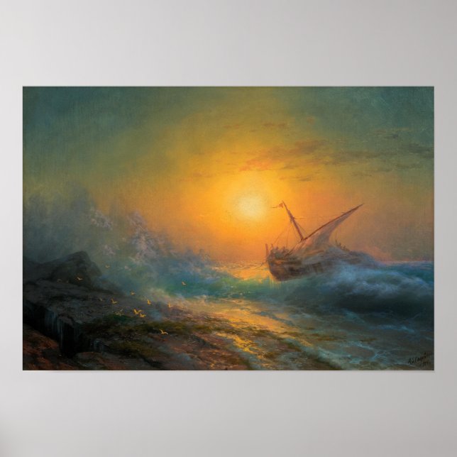 Affiche Aivazovsky - Mer agitée au coucher du soleil 1896 (Devant)