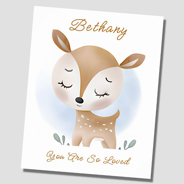 Affiche Ajouter le nom Texte, Baby Deer Fawn Woodland Blue (Créateur téléchargé)
