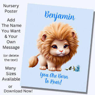 Affiche Ajouter le nom Texte, Lion bébé avec fleurs bleues