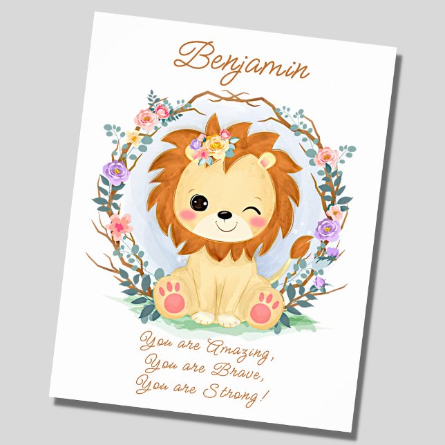 Affiche Ajouter le nom Texte, Lion bébé et Fleurs Pépinièr (Créateur téléchargé)