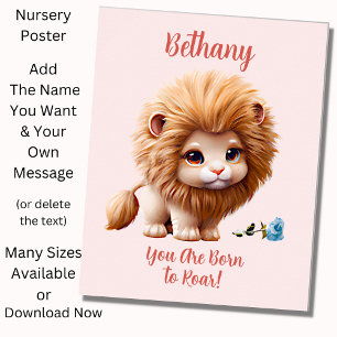 Affiche Ajouter un texte de nom, bébé lion avec fleur bleu