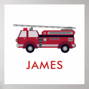 Affiche Ajouter votre nom Red Fire truck Personnalisé