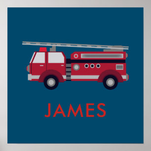 Affiche Ajouter votre nom Red Fire truck Personnalisé