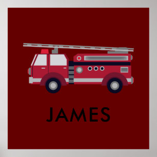Affiche Ajoutez Votre Nom Camion de Pompiers Rouge Fire tr