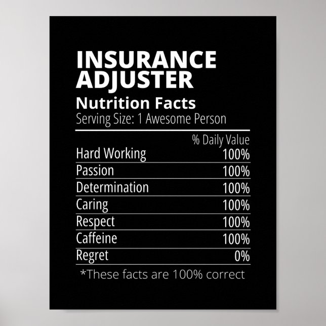 Affiche Ajusteur d'assurance Nutrition Facts amusant (Devant)