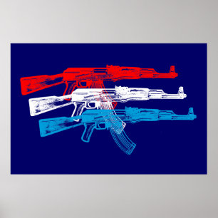 Affiche AK 47, rouge, blanc et bleu