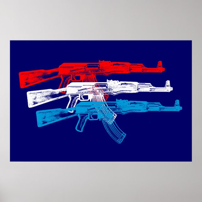 Affiche AK 47, rouge, blanc et bleu (Devant)