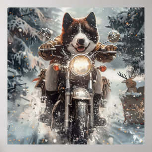 Affiche Akita Américain à Moto Noël