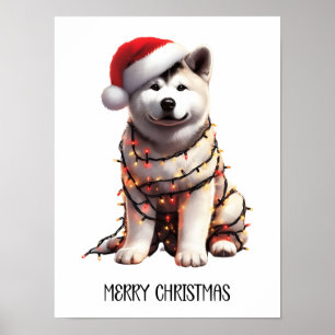 Affiche Akita Chien Enveloppé Dans La Lumière De Noël