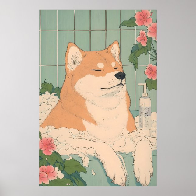 Affiche Akita Inu Bathroom Print Funny Dog in Bathtub (Devant)